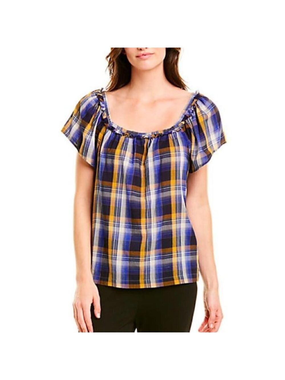 VINCE Camuto New Blue Plaid Top BNWT Short Sleeve